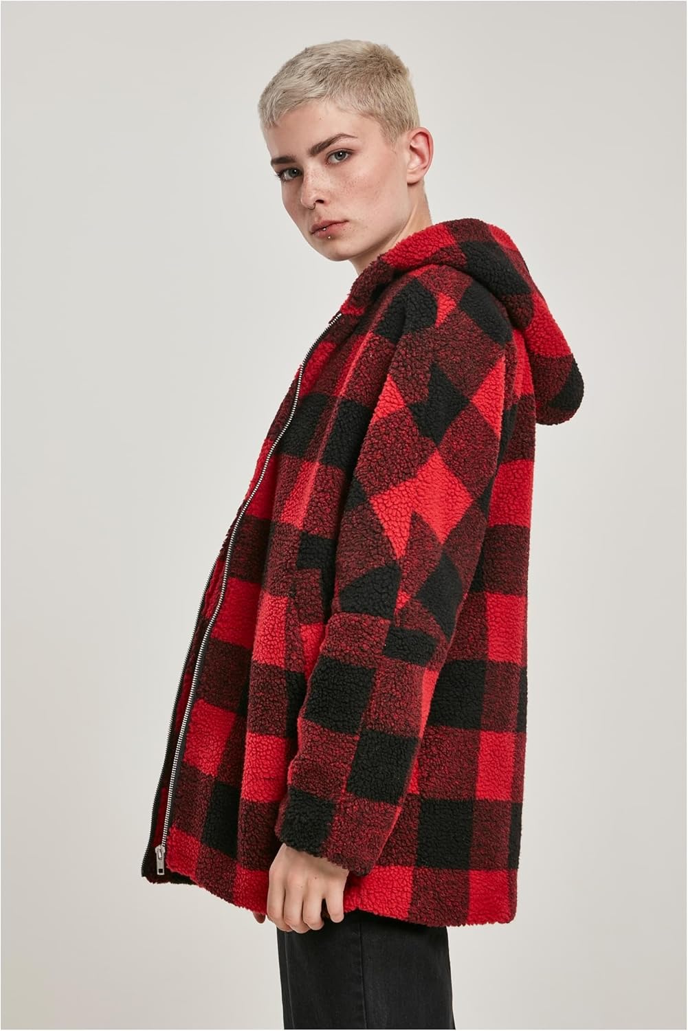 Urban Classics Damen Winter Jacke Ladies Oversized Check Sherpa Jacket mit Kapuze, Holzfäller Karo M
