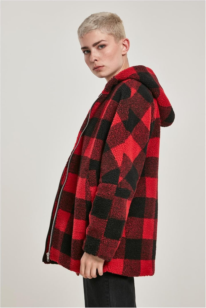 Urban Classics Damen Winter Jacke Ladies Oversized Check Sherpa Jacket mit Kapuze, Holzfäller Karo M