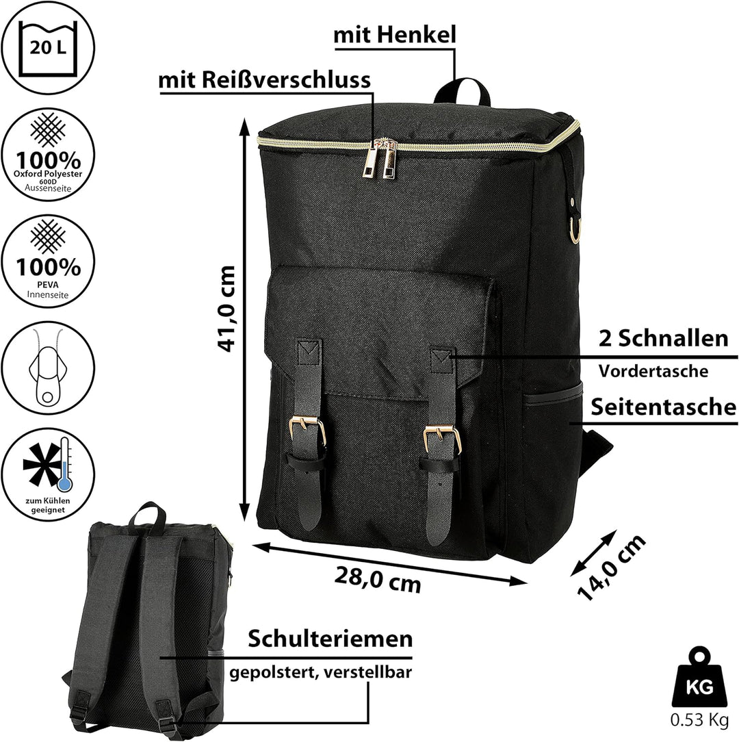 Cepewa Thermorucksack | schwarz Polyester 600D 28x41x14cm | Fassungsvermögen 20L | Isolierter Rucksa
