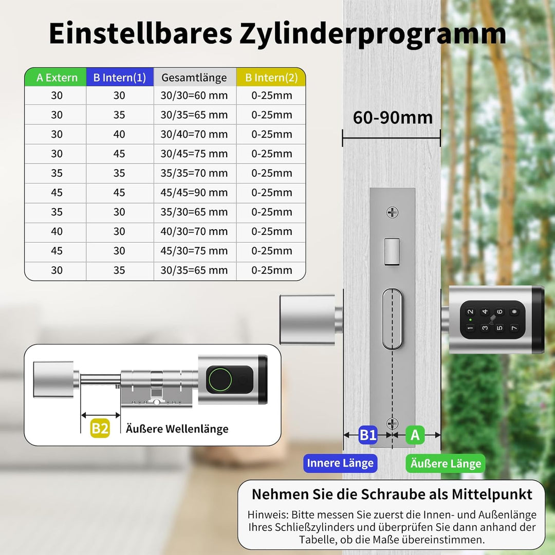 Türschloss Fingerabdruck Smart Lock, Schliesszylinder 60-90mm(30/30,45/45), Elektronisches Fingerabd
