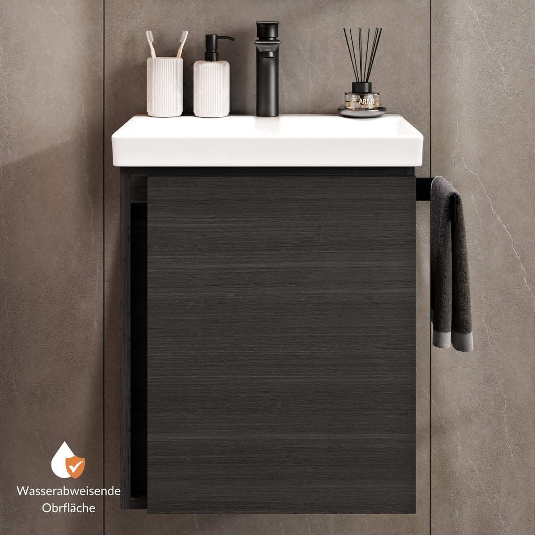 Planetmöbel Waschtischunterschrank 50 cm Anthrazit mit Armatur Schwarz mit Wasserhahn Schwarz matt A