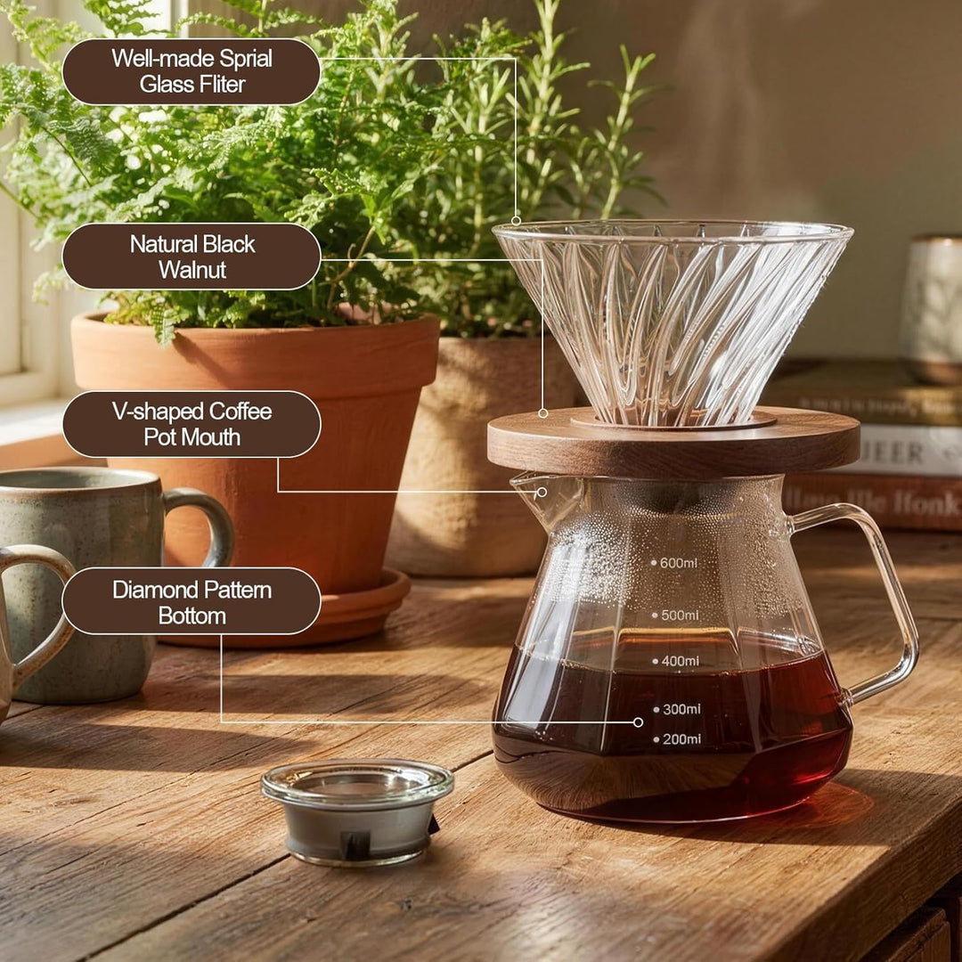 Handfilter-Kaffeebrüher, 600 ml/20 oz Karaffe aus Borosilikatglas mit Papierfiltern, Sockel aus Waln