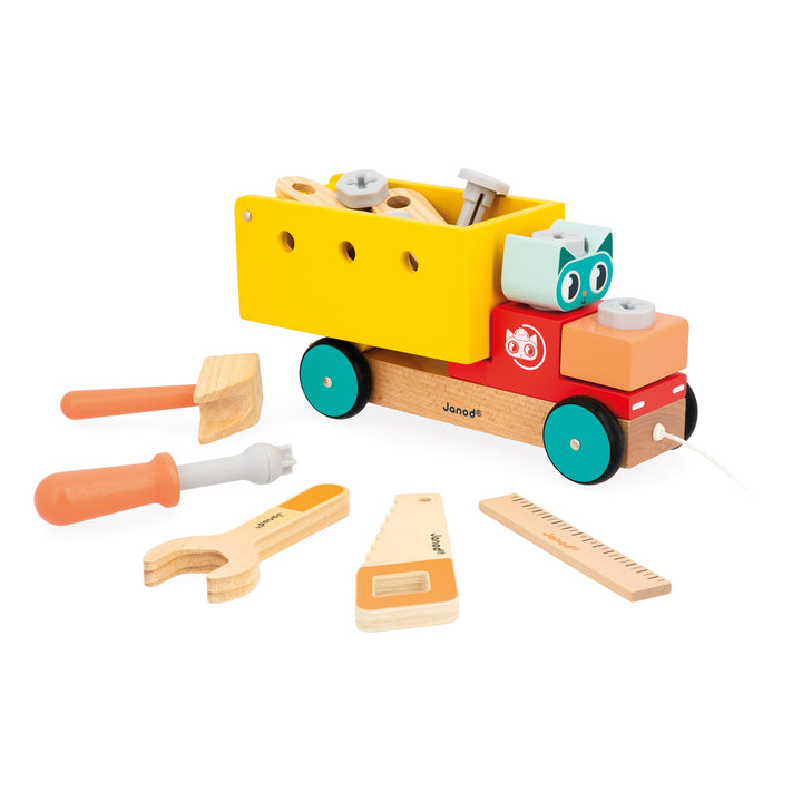Janod - Mein erstes Konstruktionsspiel - Nachzieh-DIY-LKW - 23 Zubehörteile - Rollenspiel - Feinmoto