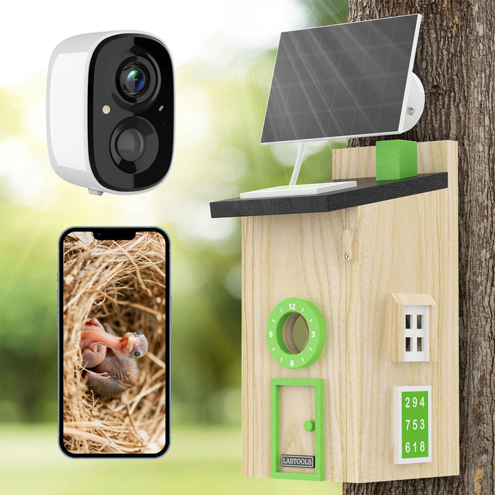 Vogelhaus mit Kamera und Solar Panel - 2K HD Solar Kamera WLAN Outdoor mit Massivholz Nistkasten, Br
