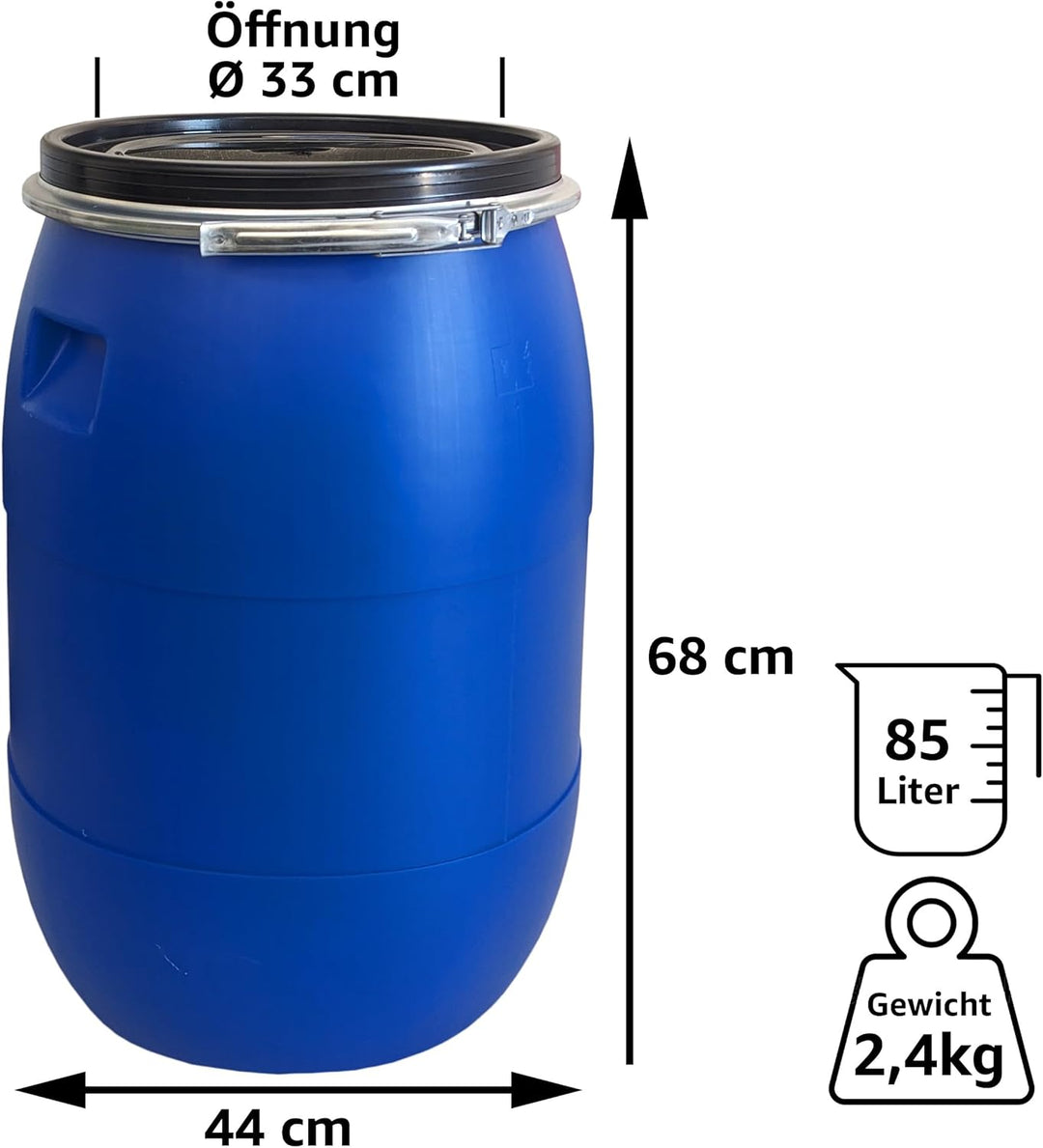 plasteo® 85 Liter Weithalsfass mit Deckel und Spannring, Lebensmittelecht BPA-Frei, Futtertonne Kuns