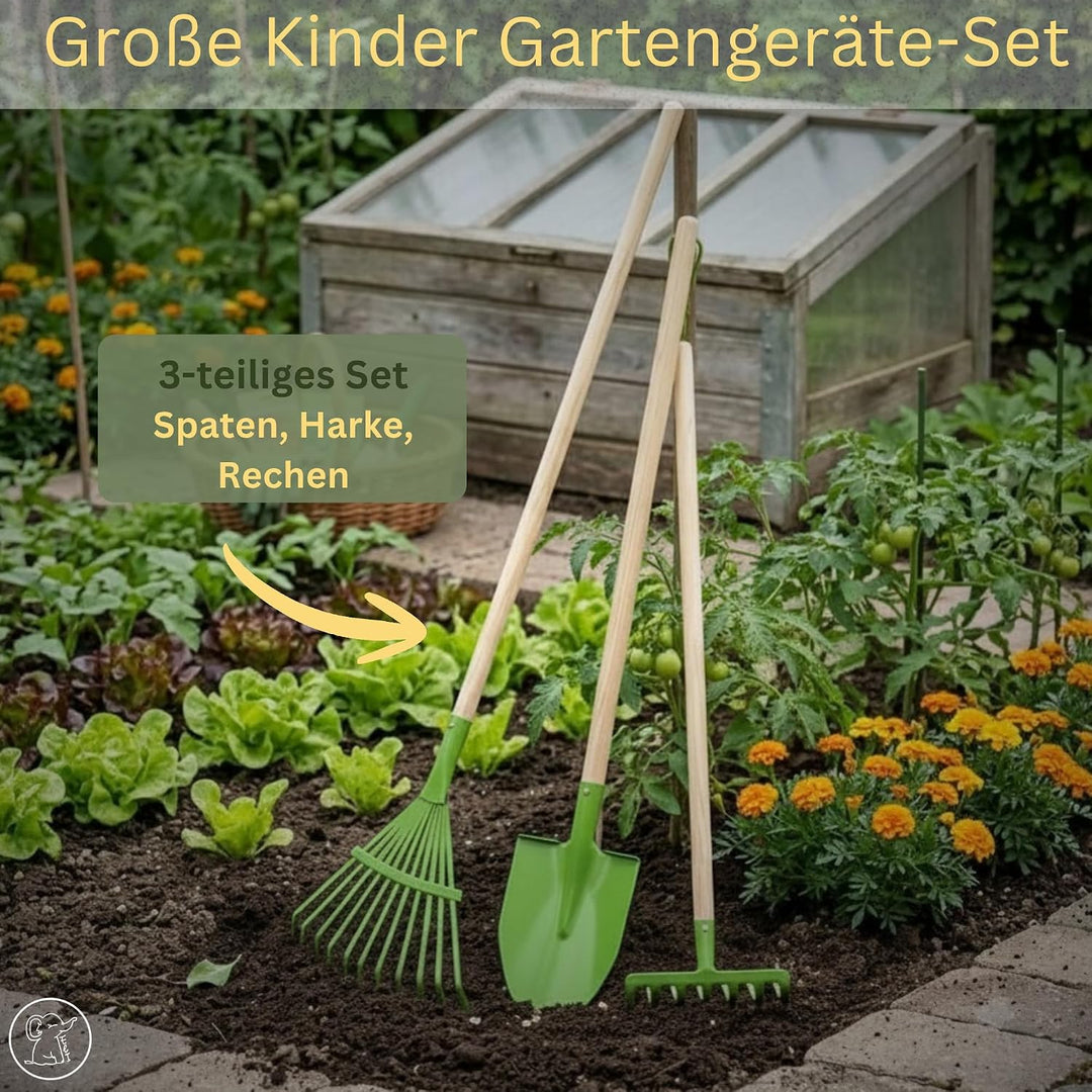 Eli® Gartenwerkzeug Kinder inkl. Spaten - Rechen und Harke - Werkzeug Set | Geschenke für Jungen und