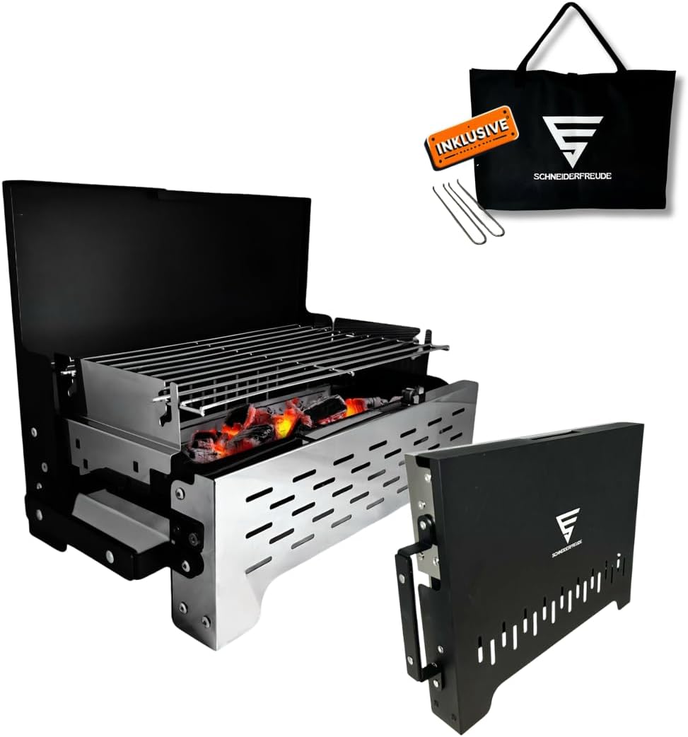 SCHNEIDERFREUDE Klappgrill 2.0: Höhenverstellbarer Camping-Grill mit Doppelfunktions-Zangen & Tasche