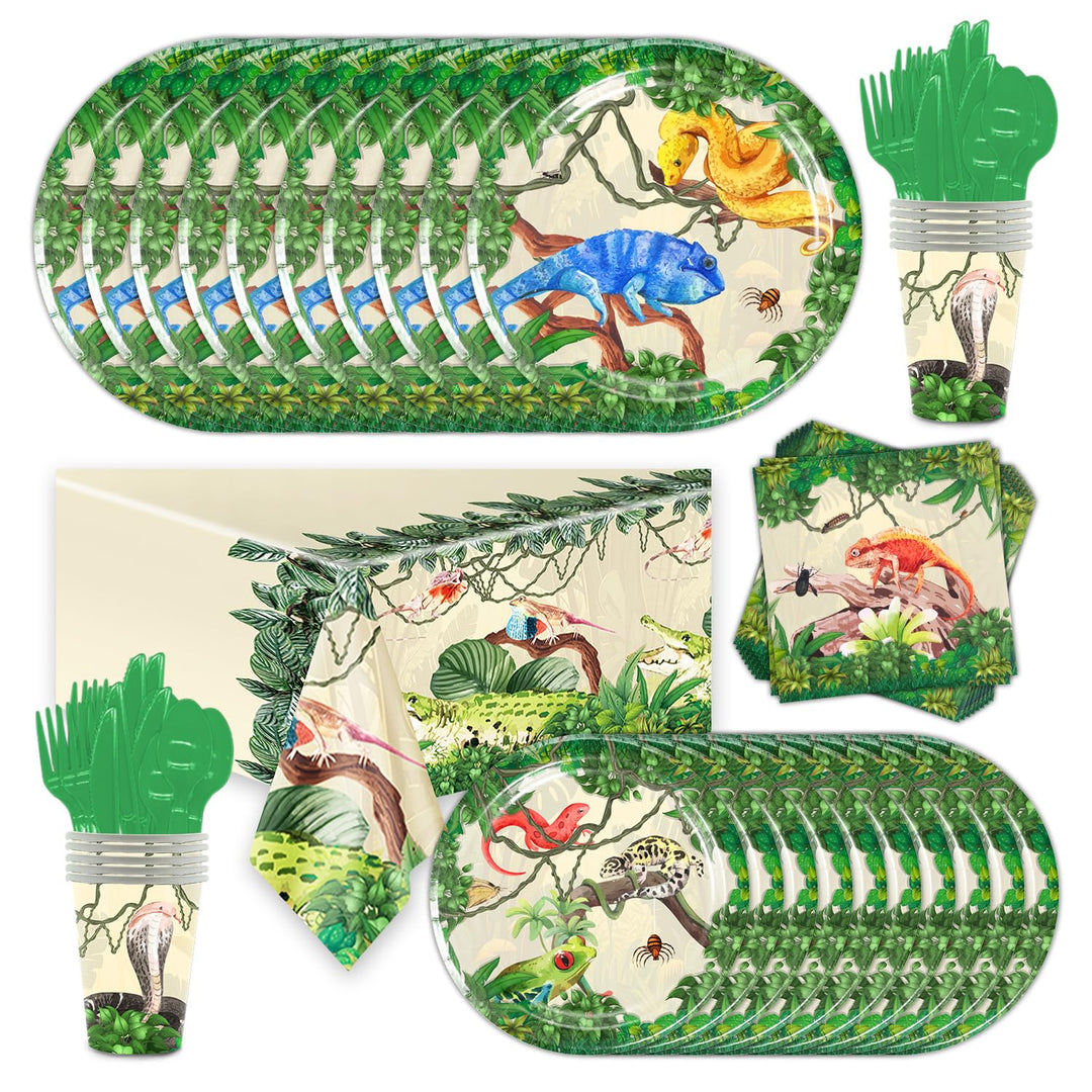 81pcs Reptilien Partygeschirr Waldtiere Geburtstags Geschirr Set, Pappbecher, Teller, Servietten, Re