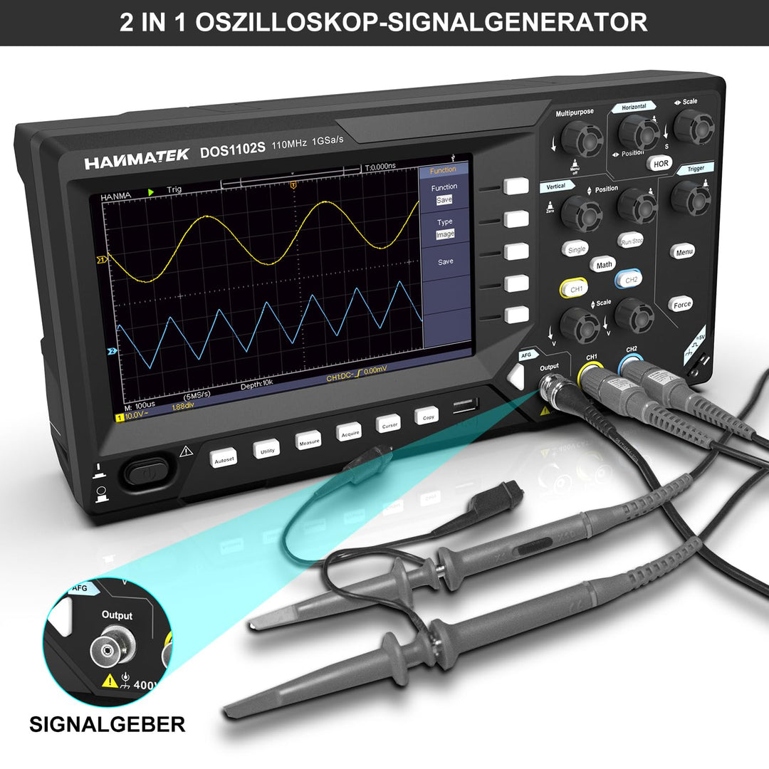 HANMATEK 2 in1 DOS1102S Digitales Speicheroszilloskop mit integriertem Wellenformgenerator, 110MHz B