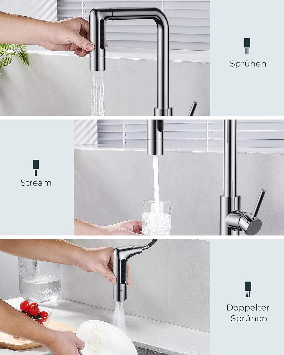 FORIOUS Wasserhahn Küche, Küchenarmatur Ausziehbar, Spültischarmatur Küche mit 5 Sprühmodi, Edelstah