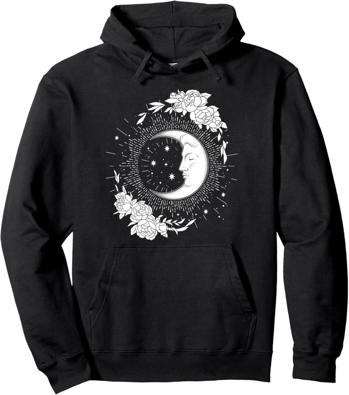 Trendy Moon And Flowers Pullover Hoodie