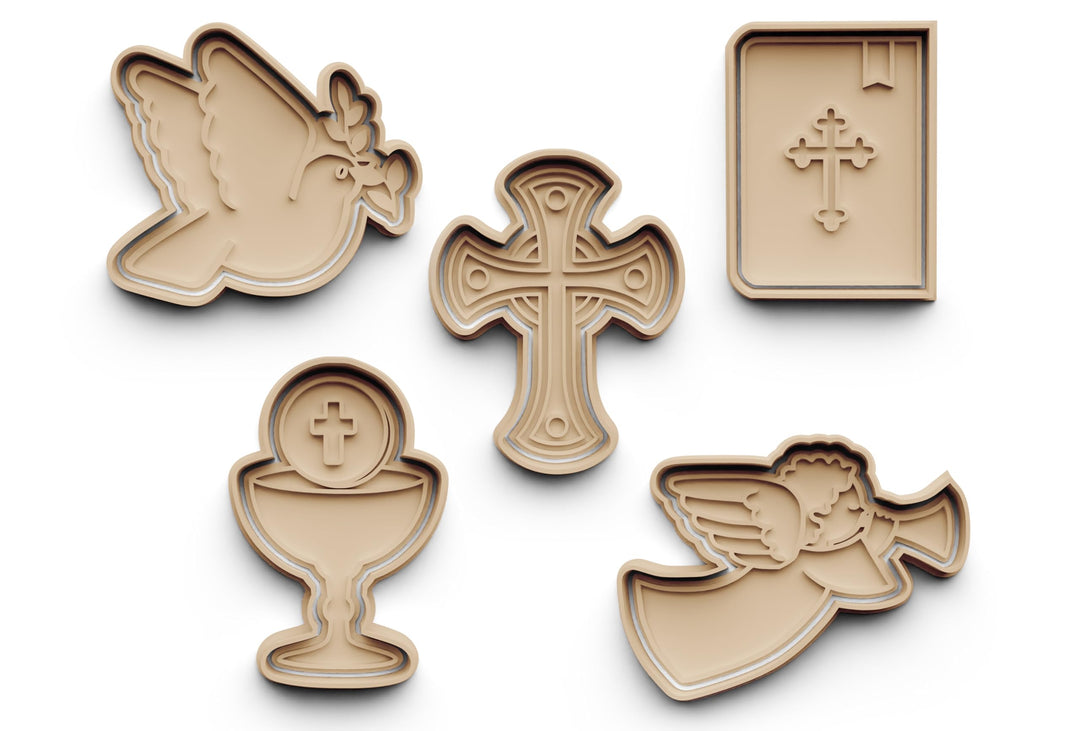 Keksausstecher Set Kommunion – 5-teilig – Ausstecher mit Stempel – Kreuz, Friedenstaube, Bibel, Kelc