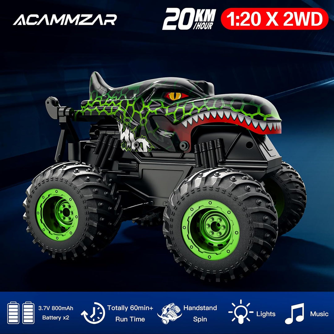 ACAMMZAR Ferngesteuertes Auto Dinosaurier, 2.4GHz 20+km/h Ferngesteuertes RC Monster Truck mit 2 Akk