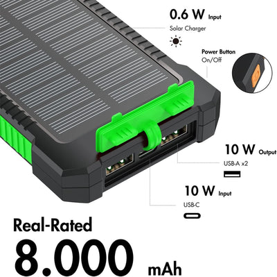 Solar-Powerbank mit 8000 mAh, Taschenlampe, gleichzeitiges Aufladen von 2 Geräten (2X USB Typ-A), sc