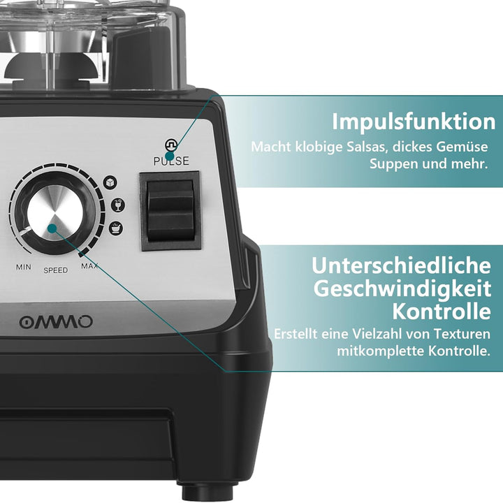 OMMO Standmixer 1.8L Hochleistungsmixer, 300 ml To-Go Becher, 6-Fach Metallmesser, Pulsfunktion, MAX