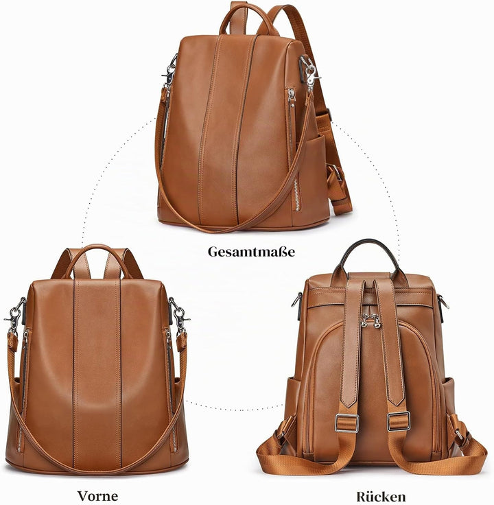 S-ZONE Damen-Rucksack, weiches Leder, Diebstahlschutz, Geldbörse, wasserdicht, Schultasche 2-braun,