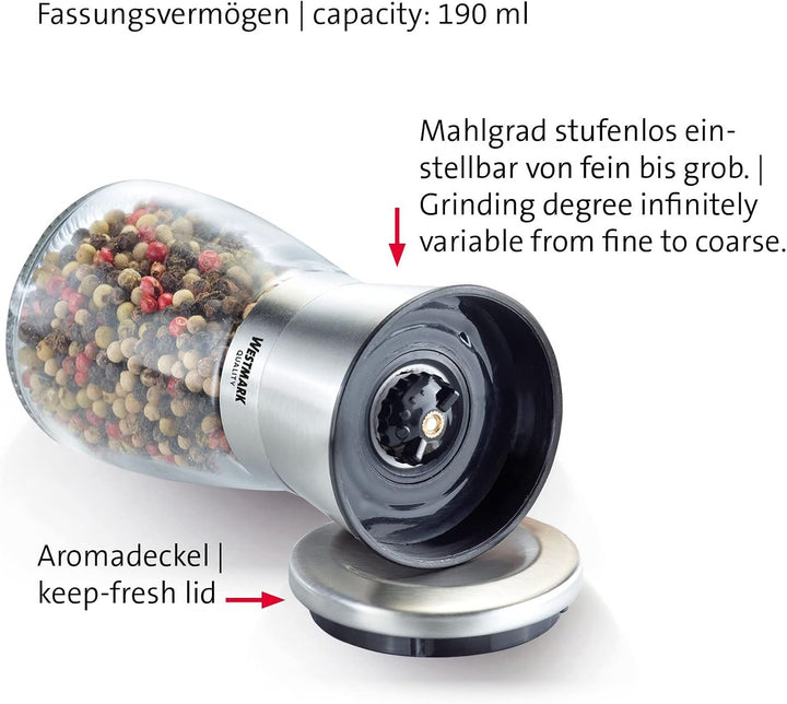 Westmark Gewürzmühle, Mit Keramikmahlwerk, Glas/Keramik/Rostfreier Edelstahl, Edelstahl, Transparent