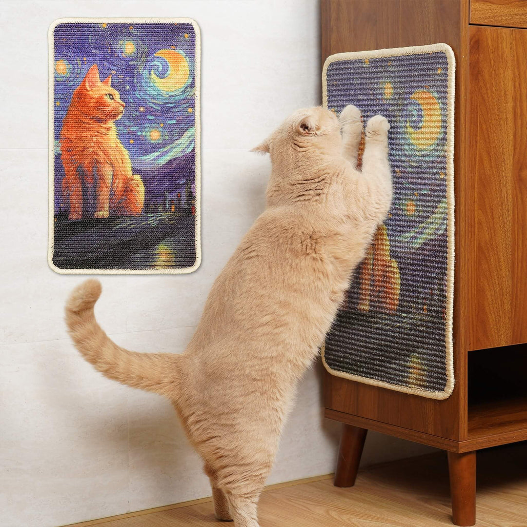 SOLDAY Sisal Kunst Kratzmatte Katze 56x33cm Wand & Couch Schutz, Starry Cat | Natürliche Sisalmatte