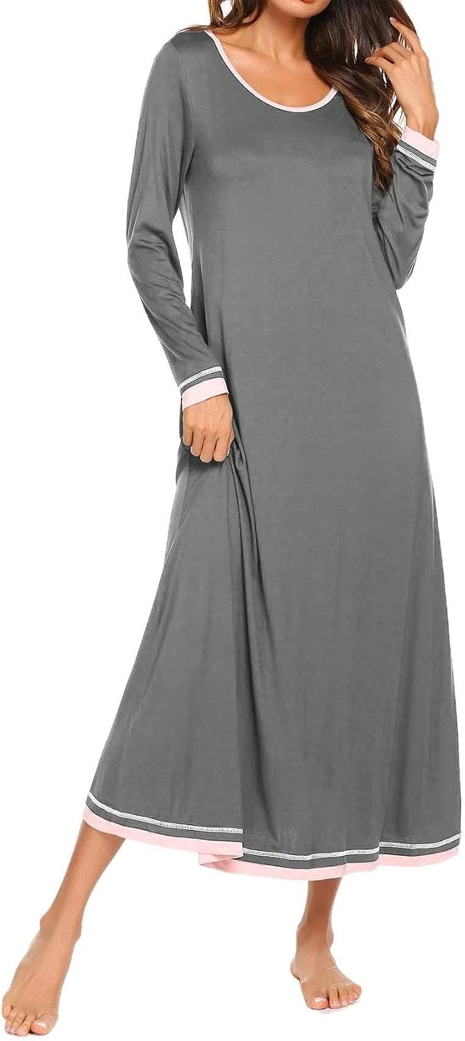 Ekouaer Damen Nachthemd Langarm Elegant Sleepshirt Weich Schlafkleid Lange Nachthemden Kontrastfarbe