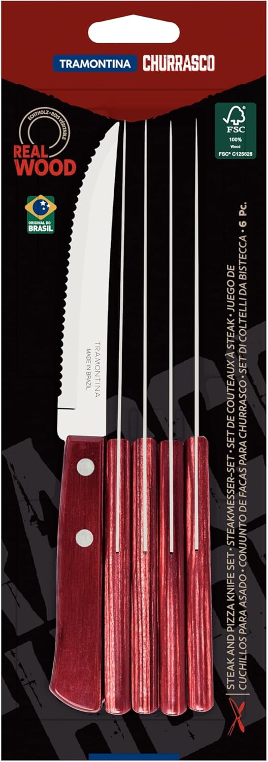 Tramontina Steakmesser, Pizzamesser, Set 6-teilig, 6 Steakmessern aus Edelstahl, Holzgriff rot FSC E