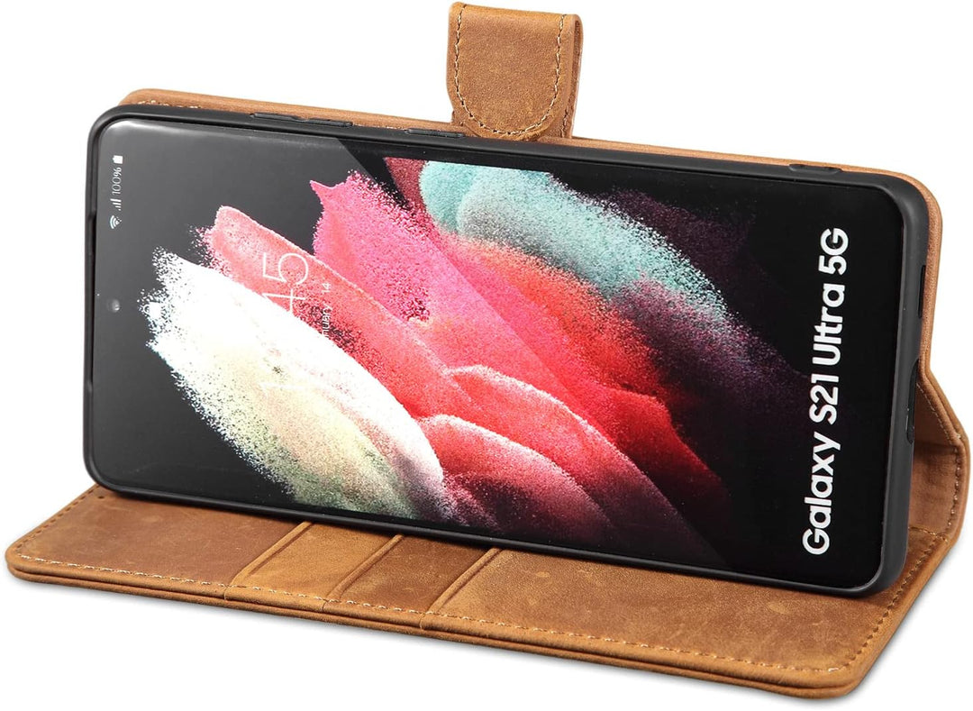 LENSUN Echtleder Hülle für Samsung Galaxy S21 Ultra, Handyhülle [Echtes Leder][Magnetverschluss][RFI