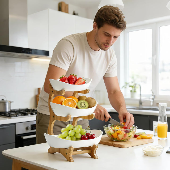 Keramik Obst Etagere mit 3 Etagen, Obstschale Modern Weiss mit Natürliche Bambus Steher, Platzsparen