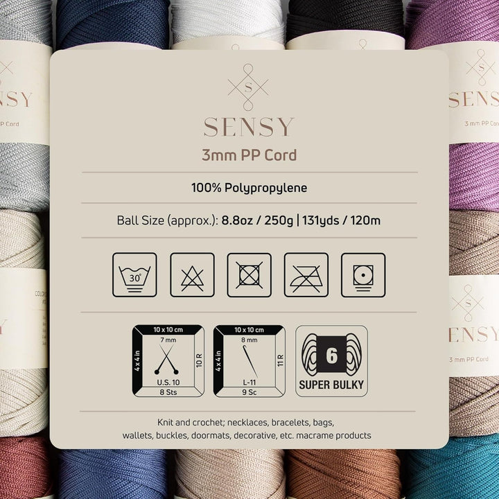 Sensy Premium 3 mm 120 Meter Polyester-Seil, 100% Polypropylen-Kordel, Makramee-Kordel, 3 mm Häkelta