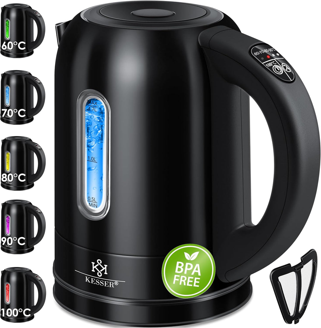 KESSER Wasserkocher 2200W Edelstahl 1,7L mit LED Beleuchtung-Farbe je nach Temperaturwahl 60, 70, 80