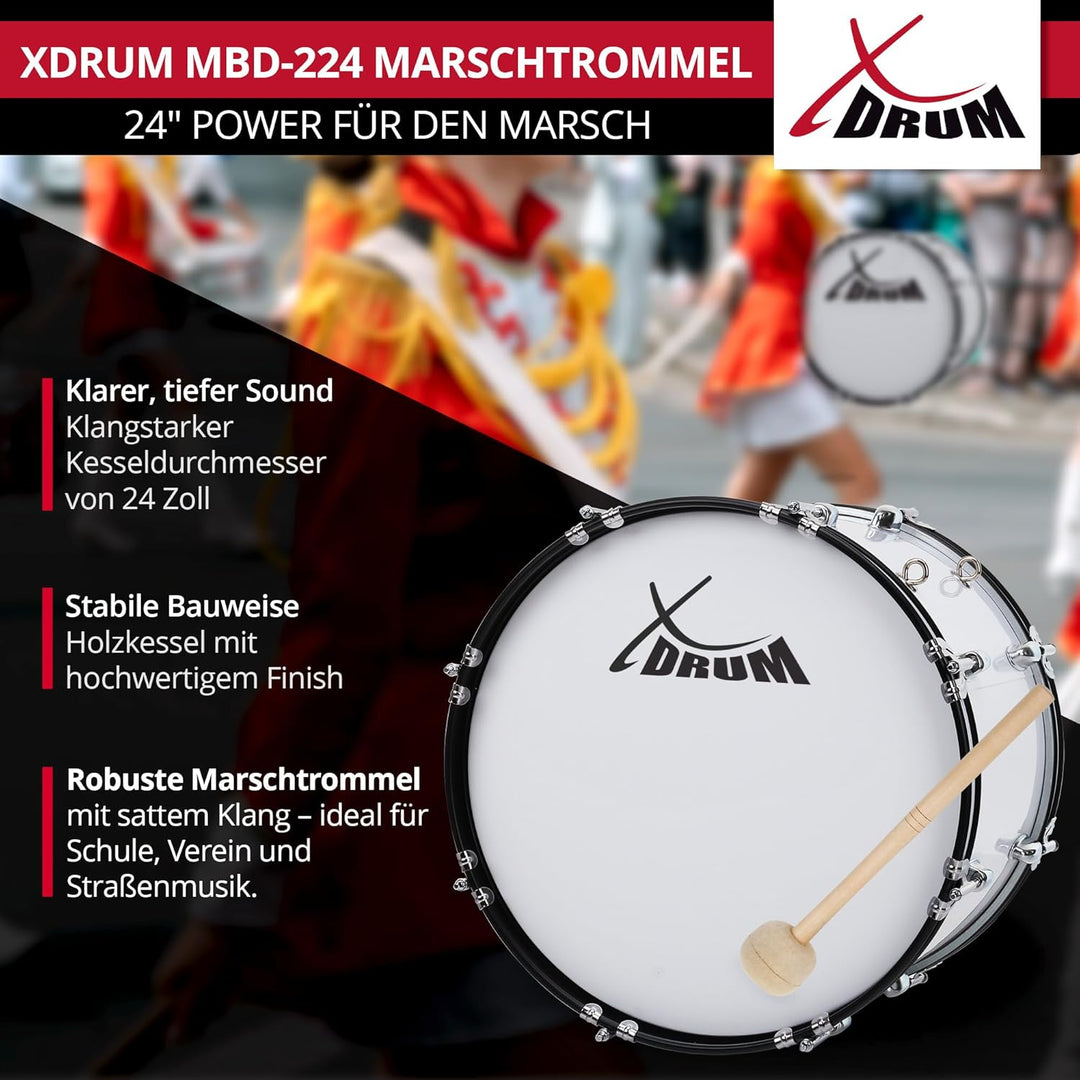 XDrum MBD-224 Marsch Bass Trommel, Fussball Pauke 24" x 12" (10,5 kg, 4 Ösen, Spannschrauben, inkl.