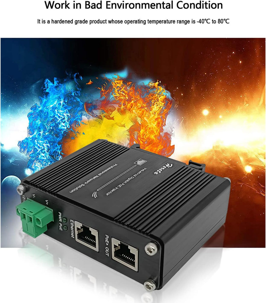 Gehärteter industrieller Gigabit PoE+ Injektor 12–48 V DC Eingang mit DIN-Schiene und Wandhalterung,