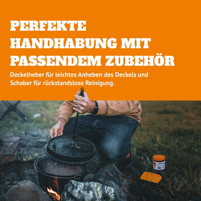 Petromax Feuertopf ft6 Set Einsteiger – bestehend aus Feuertopf ft6, Deckelheber, Schaber, Pflegepas