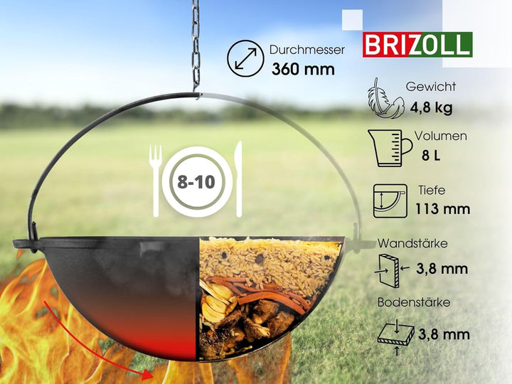4BIG.fun Schwenktopf Kazan 8 L Camping Gusseisen mit Bügel und Deckel + Schaumkelle Bräter Tatarskij