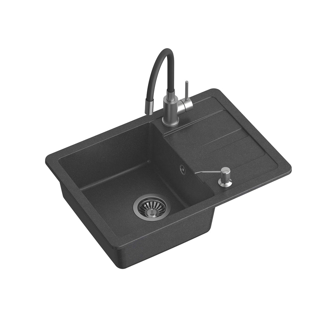 VBChome Spüle mit Armatur 62 x 44 cm Granit Schwarz Einzelbecken Küchenarmatür Flexible Armatur Einb