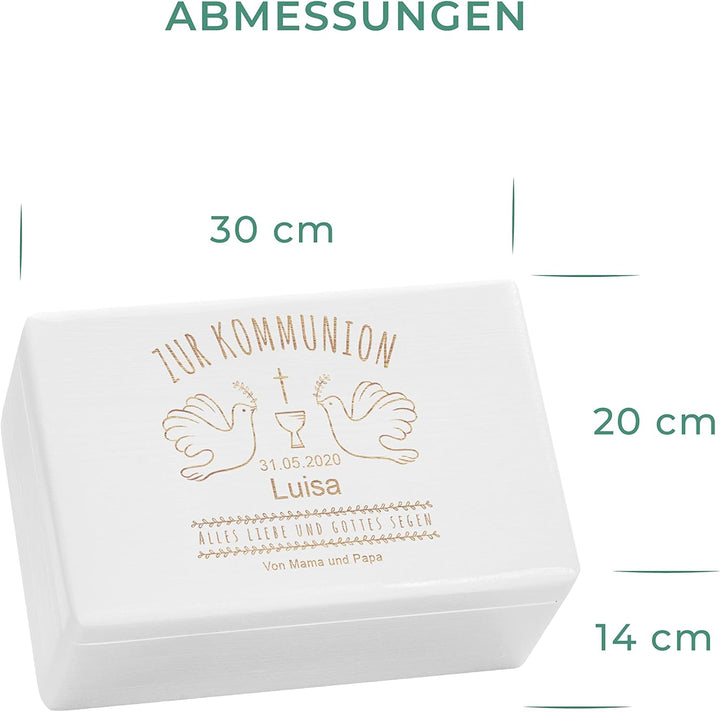 LAUBLUST Holzkiste zur Kommunion - Tauben Motiv | Geschenkkiste Personalisiert mit Gravur, FSC® (Wei