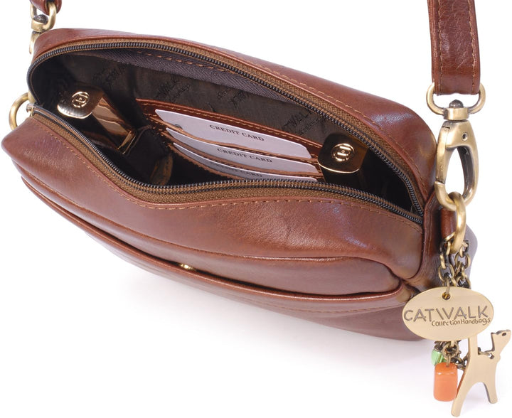 Catwalk Collection Handbags - Leder - Klein Umhängetasche Messenger/Schultertasche - POLLY Braun, Br