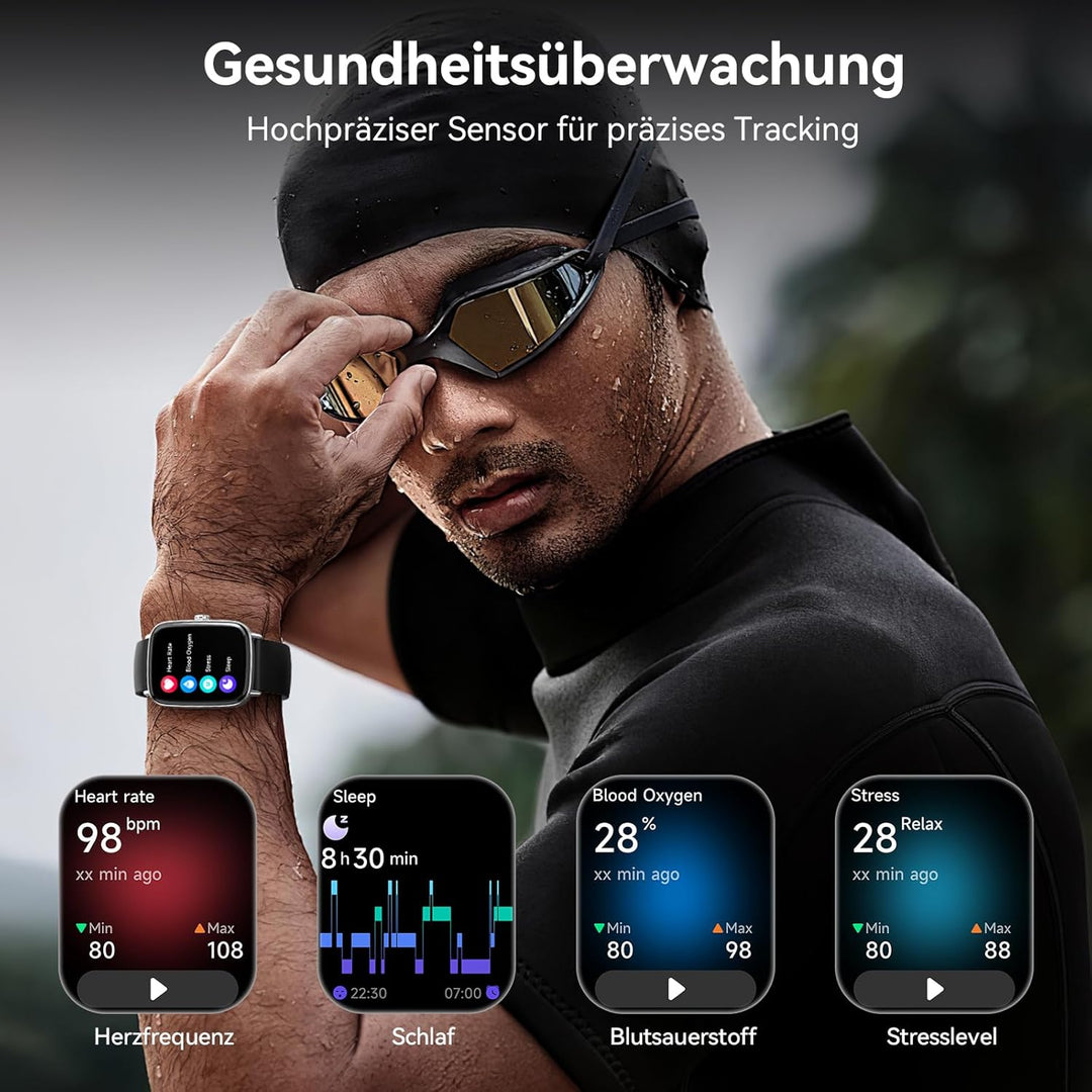 Smartwatch Herren Damen, 1.85" Smart Watch mit Telefonfunktion, Fitnessuhr mit Pulsuhr Schlafmonitor