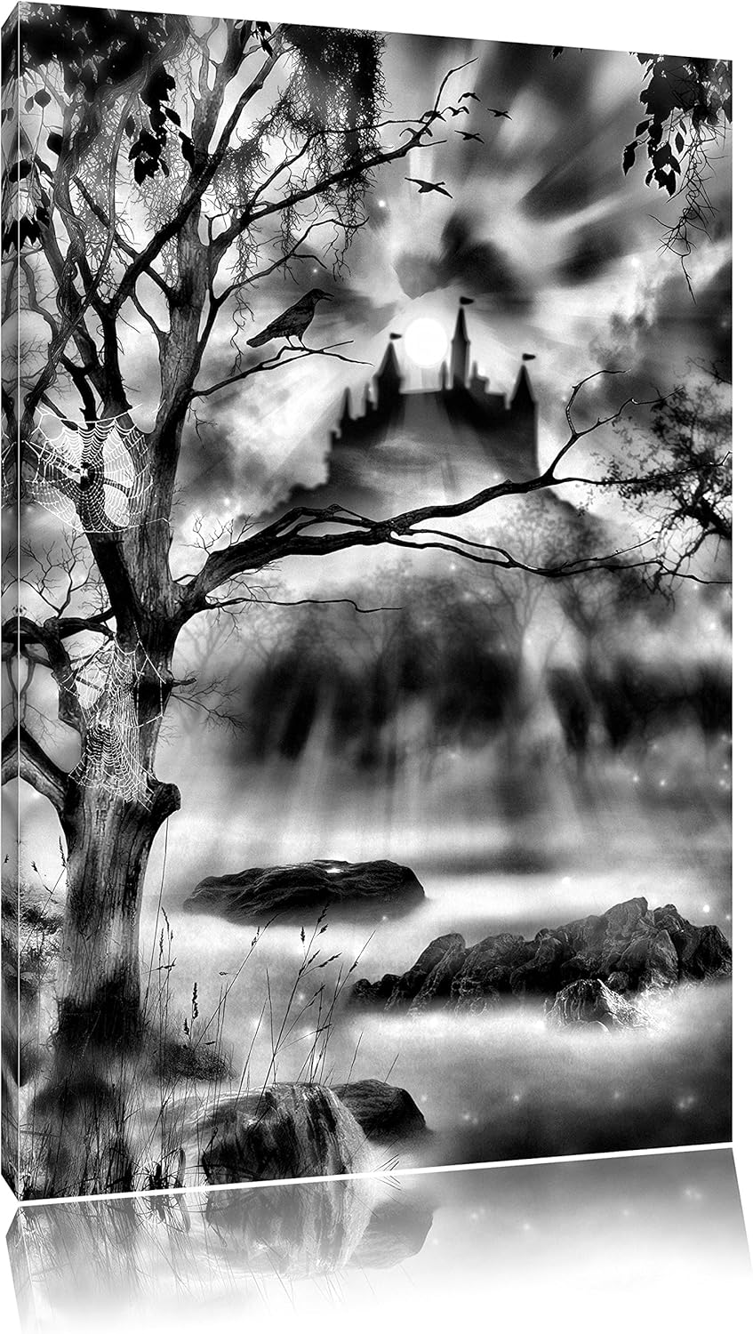 Monocrome, Düstere Burg, Format: 100x70 auf Leinwand, XXL riesige Bilder fertig gerahmt mit Keilrahm