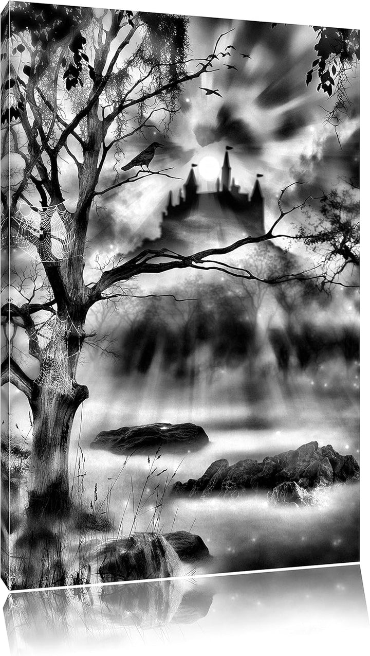 Monocrome, Düstere Burg, Format: 100x70 auf Leinwand, XXL riesige Bilder fertig gerahmt mit Keilrahm