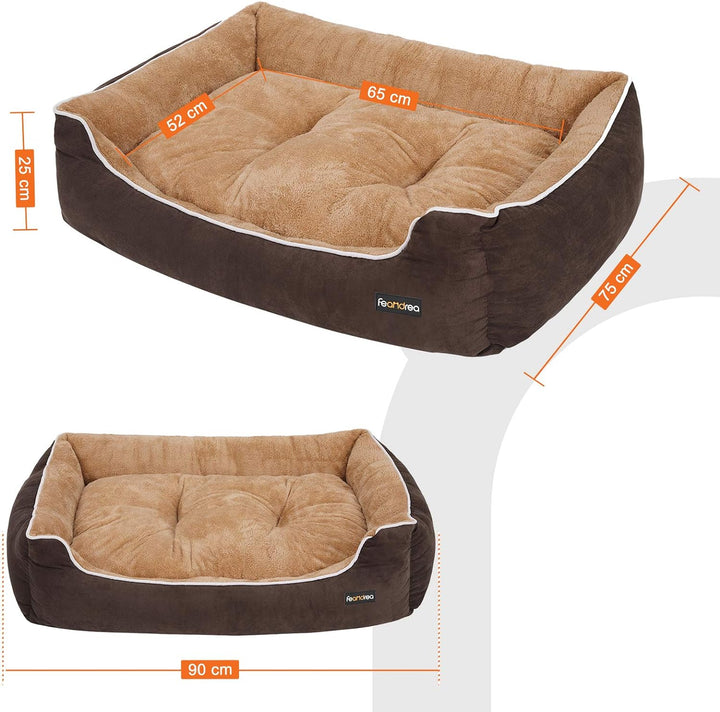 Feandrea Luxus Hundebett, weiches Hundekorb, L, mit abnehmbarem Kissen, 90 x 25 x 75 cm, braun und b