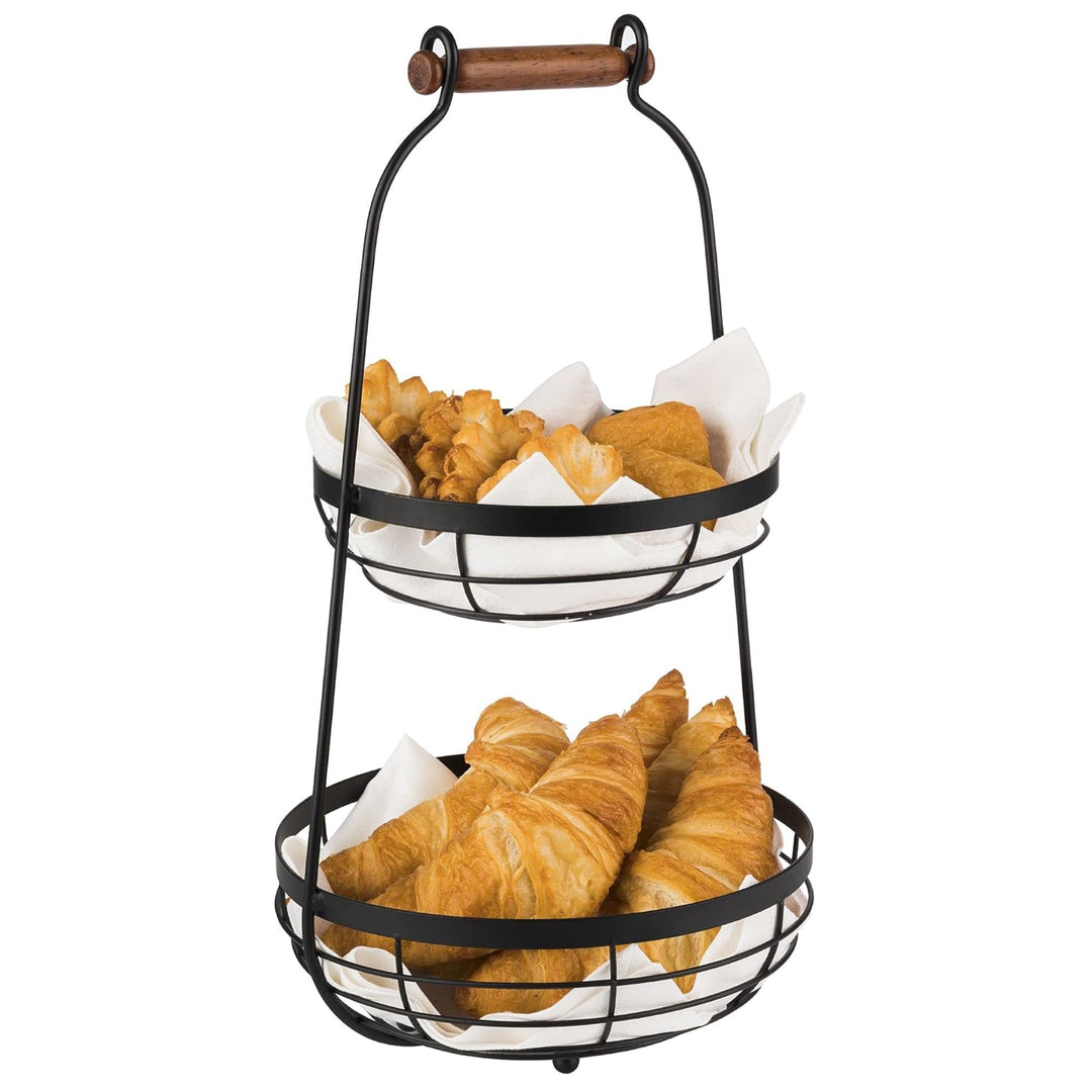 APS Serviergestell mit Zwei Körben und Holzgriff - 2-stufige Etagere aus Metall, Schwarz, Höhe 48 cm