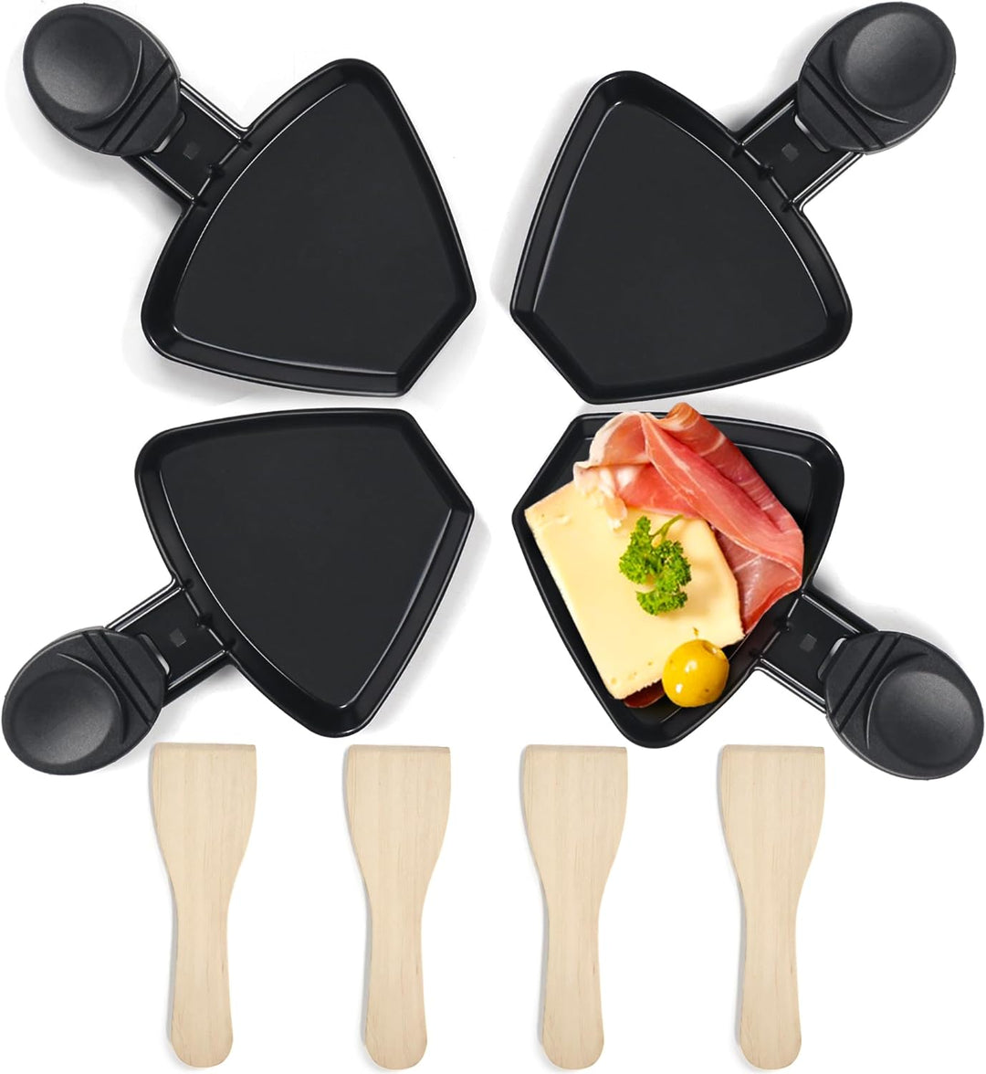 HengBO Raclette Pfännchen Set 4 Stück Mini Antihaftbeschichtet Raclette Pfännchen Ersatz mit 4 Holz