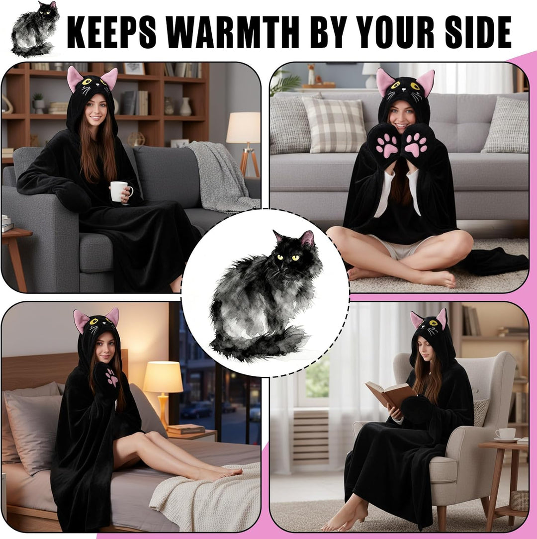 Flauschig Kuscheldecke Mit Ärmeln, Schwarze Katze Tragbare Decke Sofa Decke Geschenk für Frauen, Sch