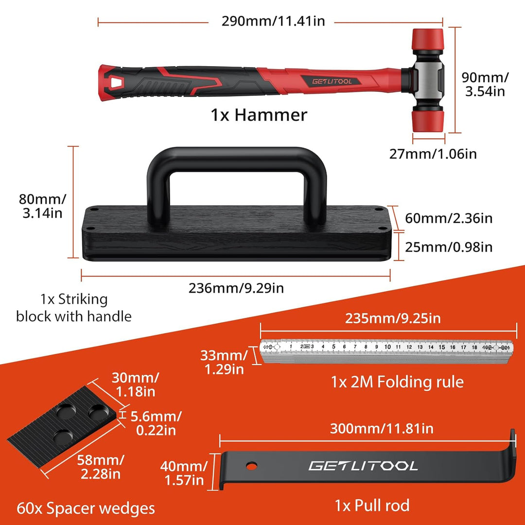 GETLITOOL Laminat Verlegeset, 64tlg Bodenleger Werkzeug mit Zugeisen, Schlagklotz mit Griff, 60x Abs