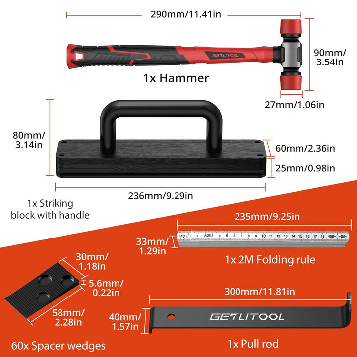 GETLITOOL Laminat Verlegeset, 64tlg Bodenleger Werkzeug mit Zugeisen, Schlagklotz mit Griff, 60x Abs