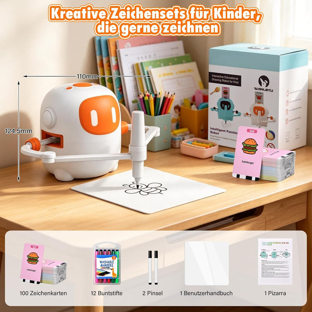 Zeichenroboter für Kinder mit 100 Karten und 12 Stiften, Sprechender Malroboter mit Sprachsteuerung,