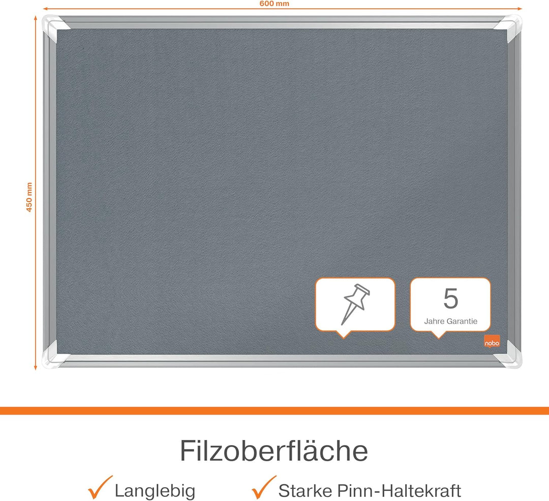 Nobo Filz-Notiztafel, 45 x 60 cm, Aluminiumrahmen, Traditionelle Eckmontage, Premium Plus, Grau, 191