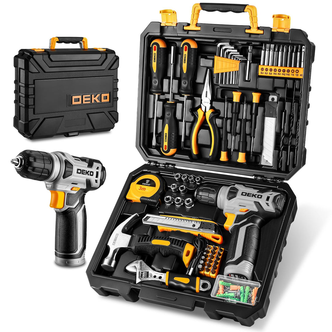 DEKO 126 Stück Elektrowerkzeug Combo Kits mit 8V Akku Bohrer, 10MM 3/8'' Keyless Chuck, Professionel