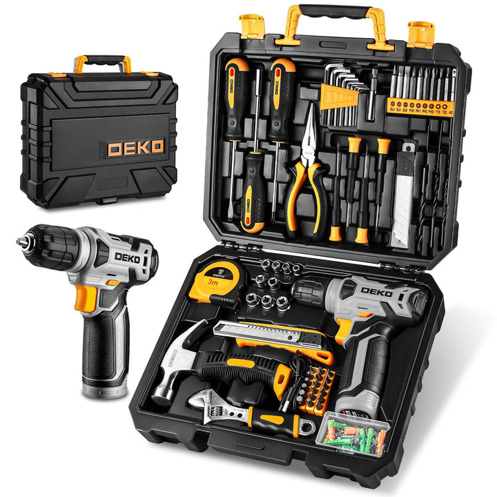 DEKO 126 Stück Elektrowerkzeug Combo Kits mit 8V Akku Bohrer, 10MM 3/8'' Keyless Chuck, Professionel