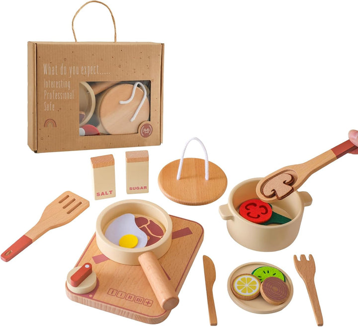Topfset und Geschirr für Spielküche, Kinderküche Zubehör aus Holz, Küchenutensilien Pfanne Holzspiel