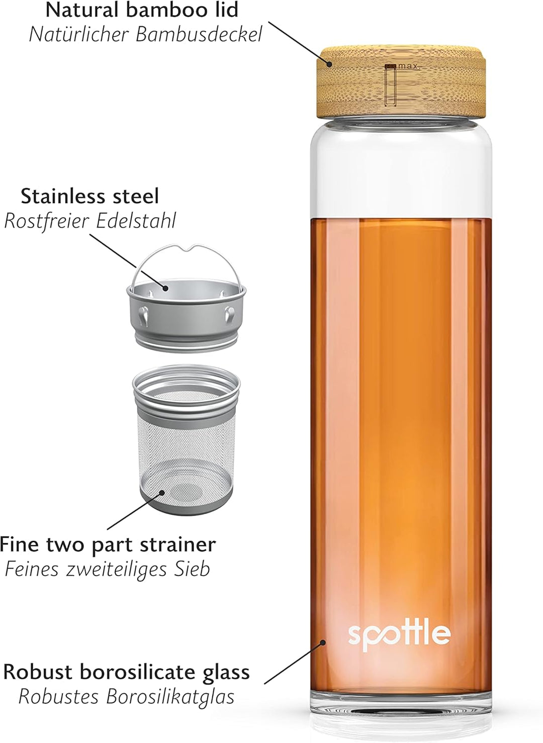spottle Teeflasche Glas 1 Liter mit Siebeinsatz – Teekanne to go - Glasflasche mit Teeeinsatz und Sc